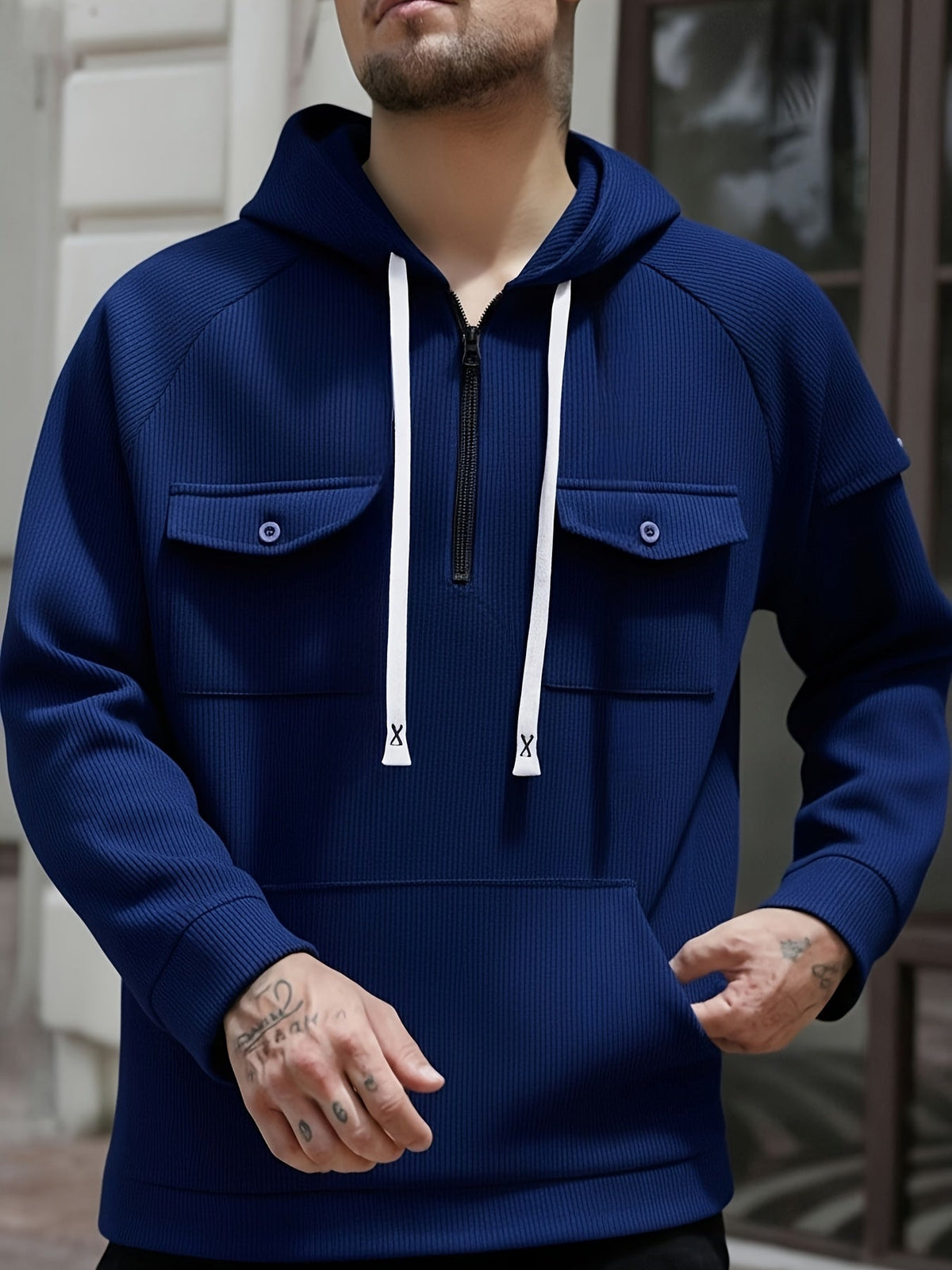 Men's ribbed quarter zip hoodie with buttoned chest flap pockets and drawstring hood - view 9