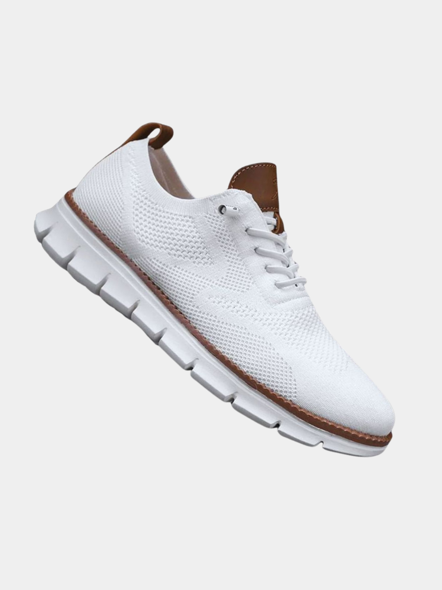 Men's lace-up knit trainers with brown leather trim and chunky white ridged sole
