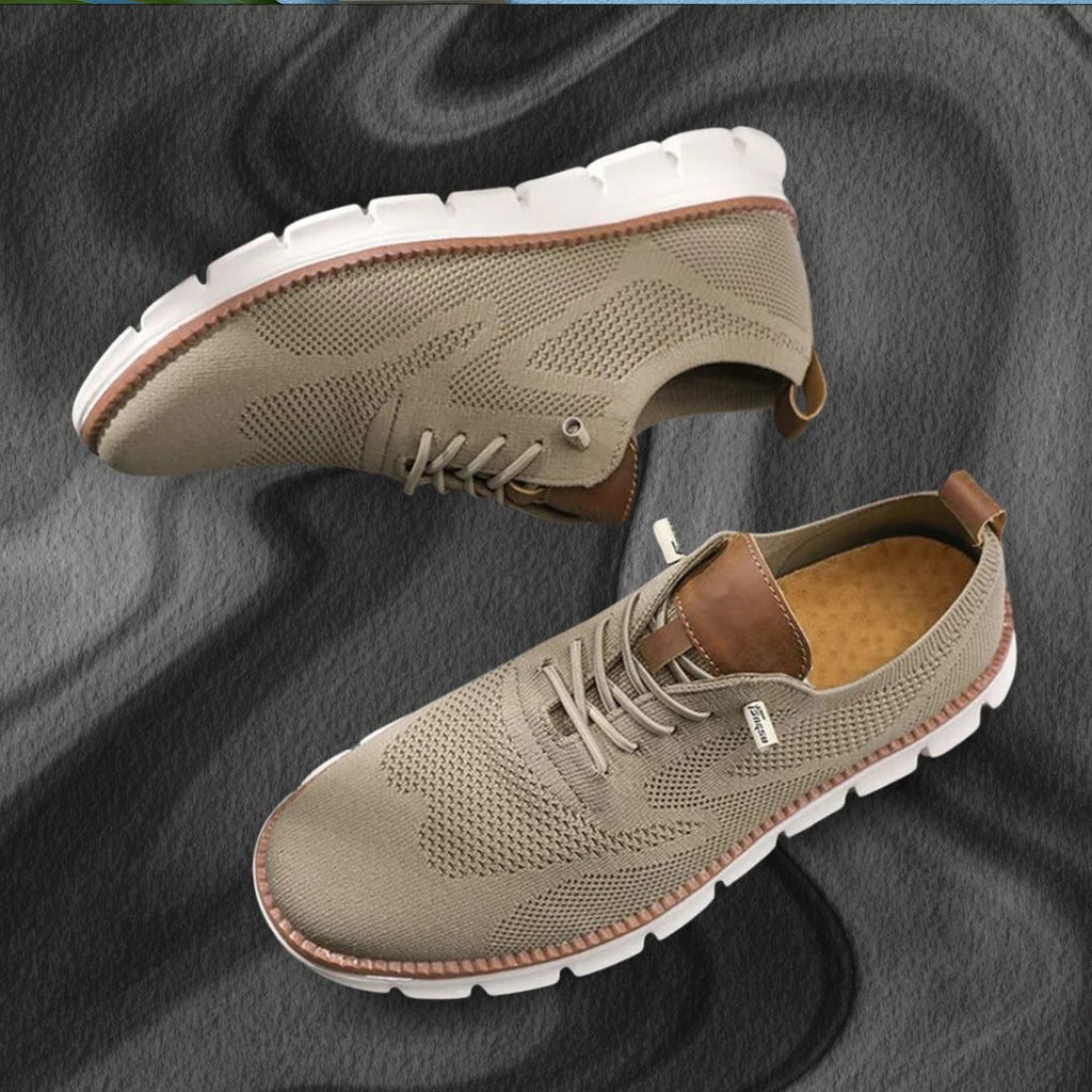 Men's lace-up knit trainers with brown leather trim and chunky white ridged sole - view 10