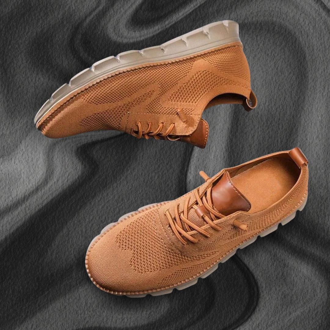 Men's lace-up knit trainers with brown leather trim and chunky white ridged sole - view 11