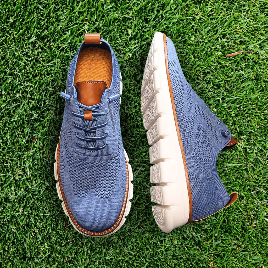 Men's lace-up knit trainers with brown leather trim and chunky white ridged sole - view 12