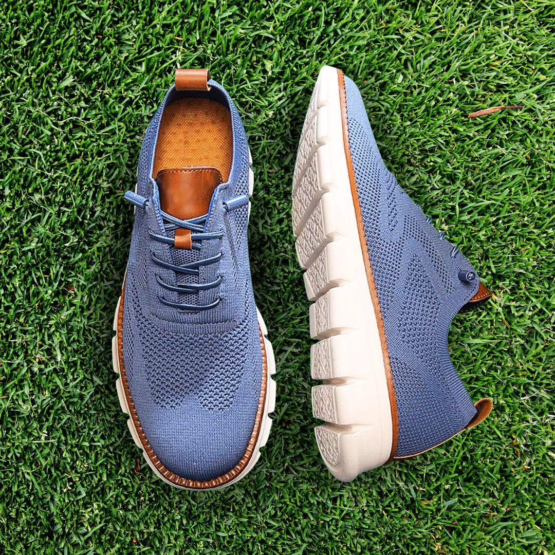 Men's lace-up knit trainers with brown leather trim and chunky white ridged sole - view 12