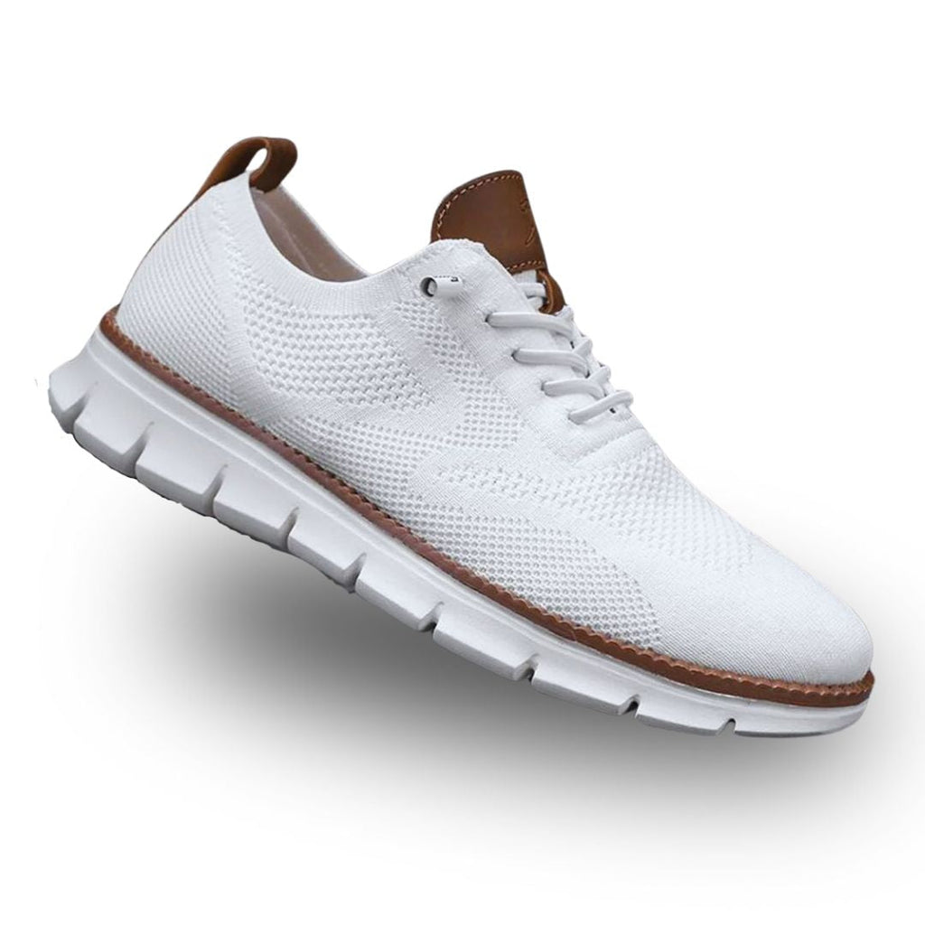 Men's lace-up knit trainers with brown leather trim and chunky white ridged sole - view 2