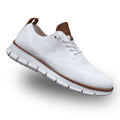 Men's lace-up knit trainers with brown leather trim and chunky white ridged sole - view 2