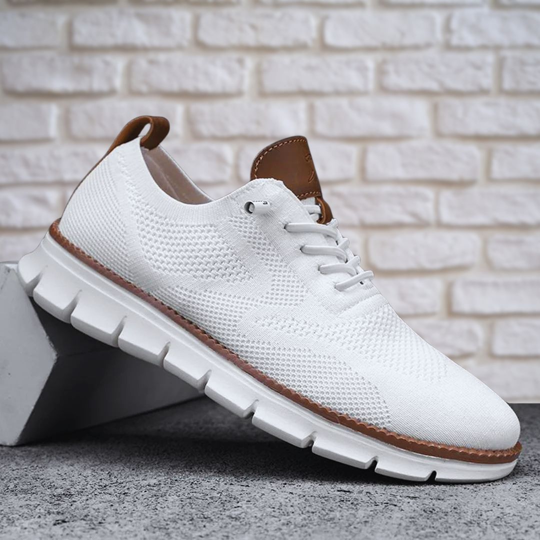 Men's lace-up knit trainers with brown leather trim and chunky white ridged sole - view 3
