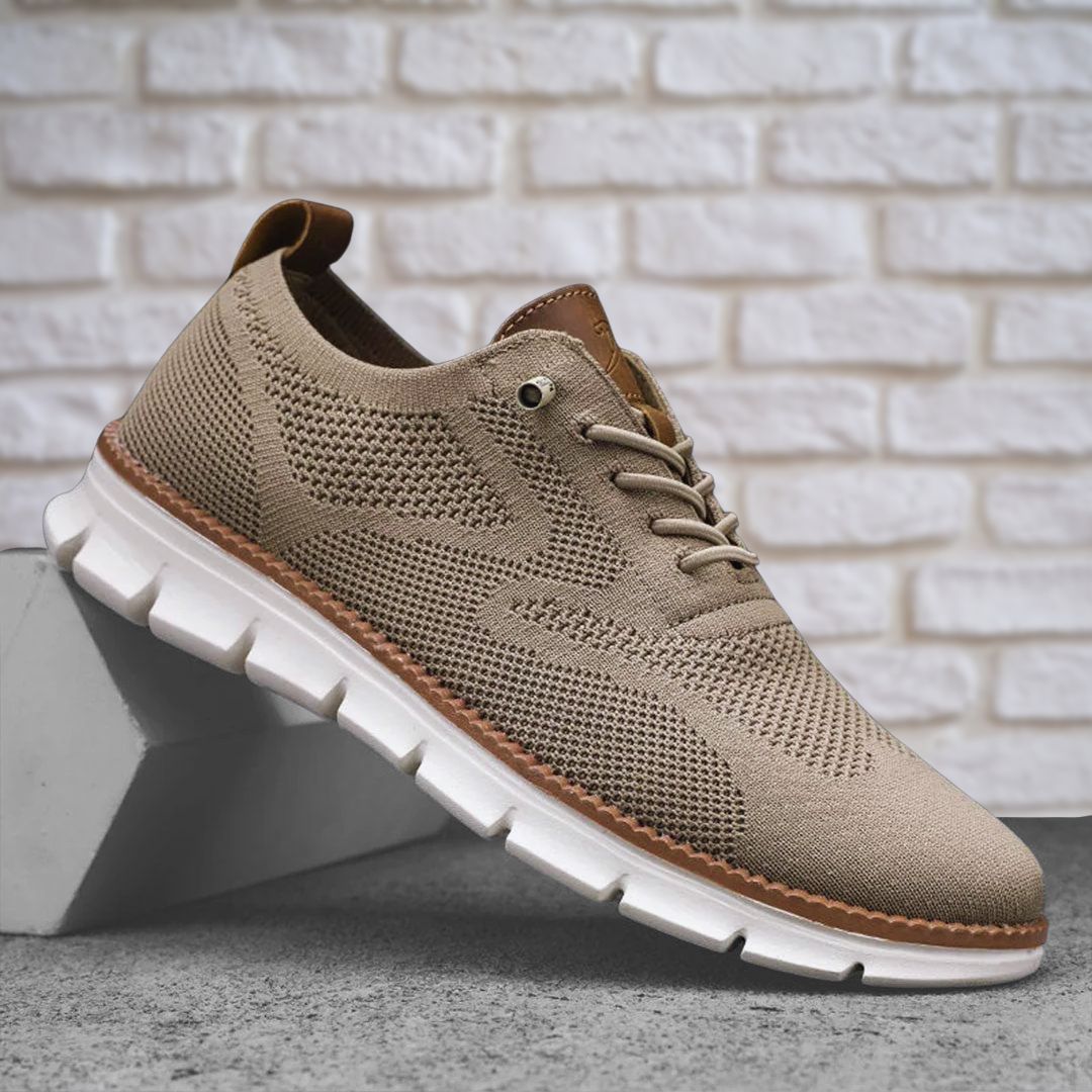Men's lace-up knit trainers with brown leather trim and chunky white ridged sole - view 4