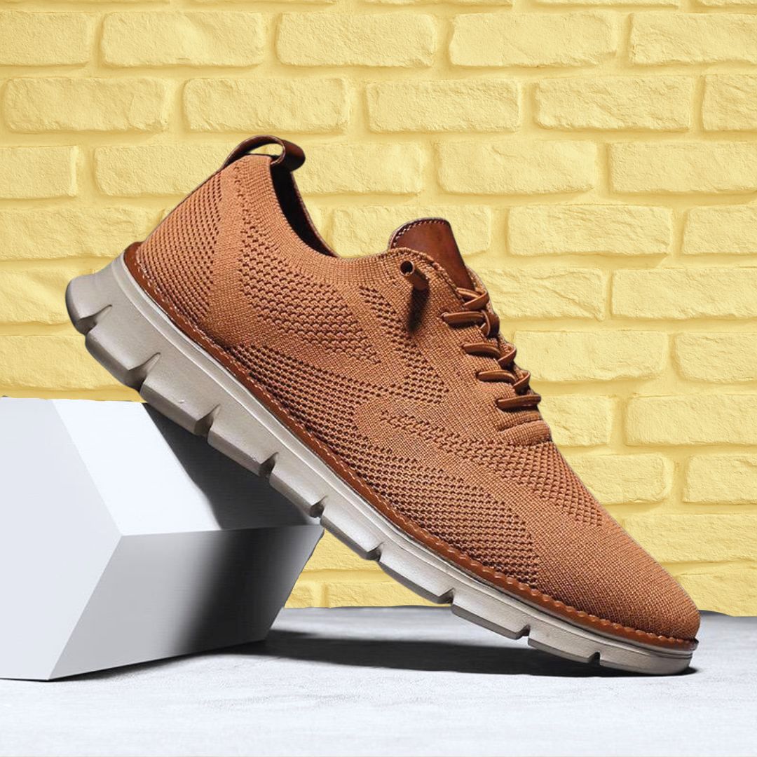 Men's lace-up knit trainers with brown leather trim and chunky white ridged sole - view 5