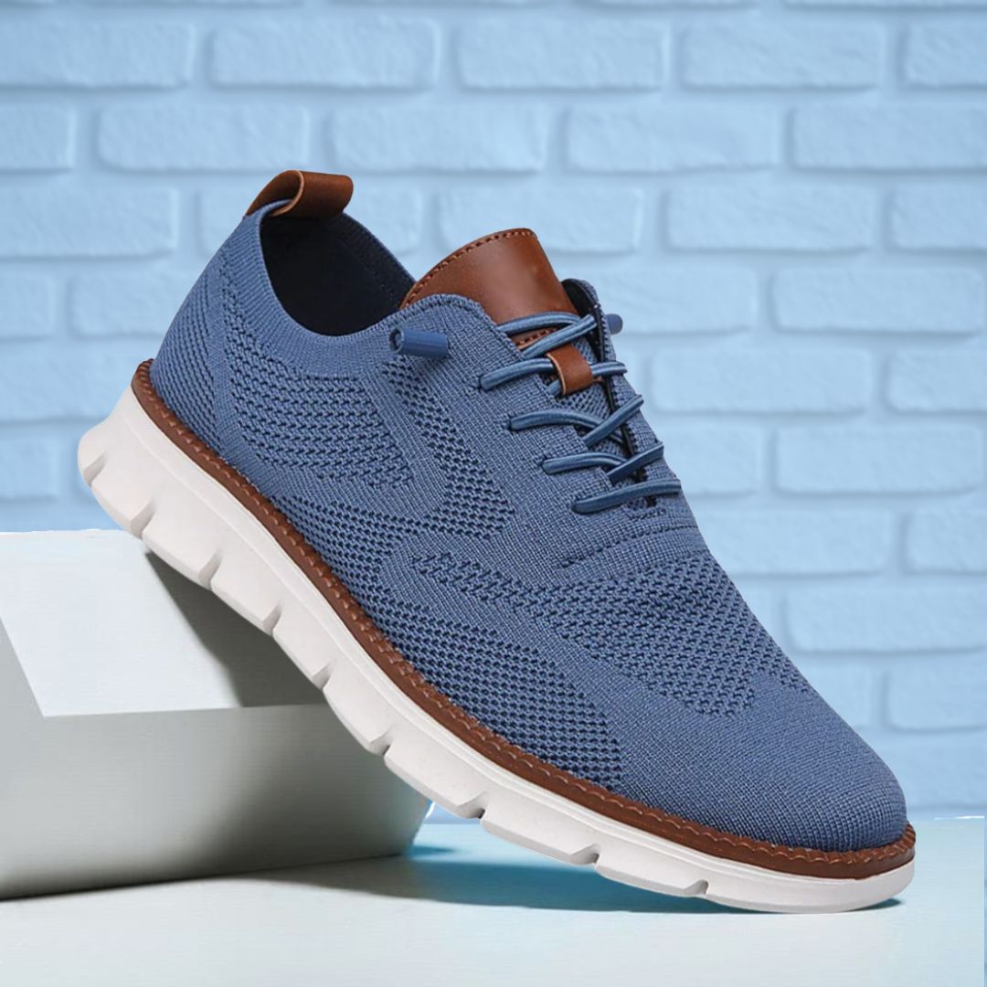 Men's lace-up knit trainers with brown leather trim and chunky white ridged sole - view 6