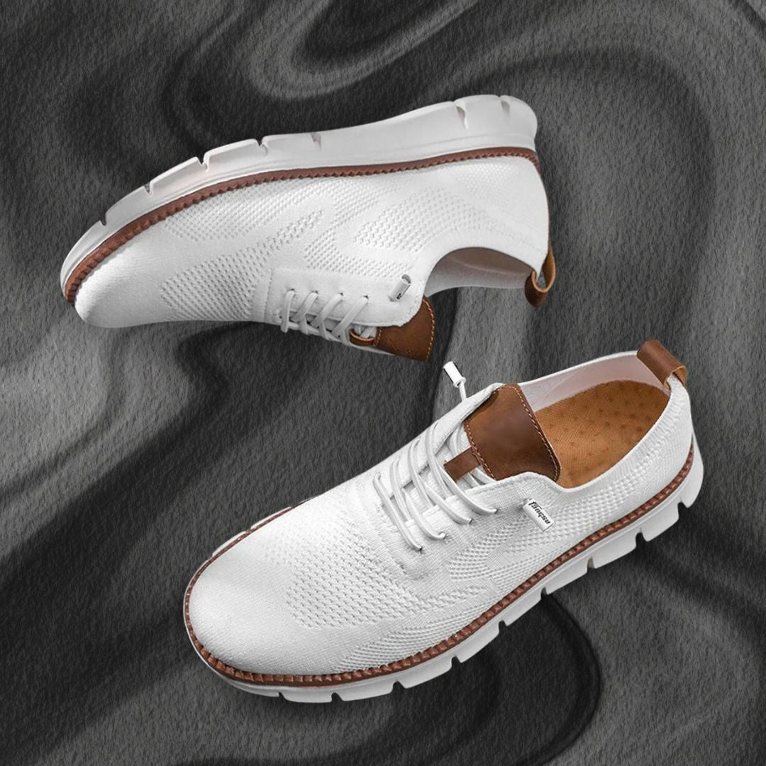 Men's lace-up knit trainers with brown leather trim and chunky white ridged sole - view 7