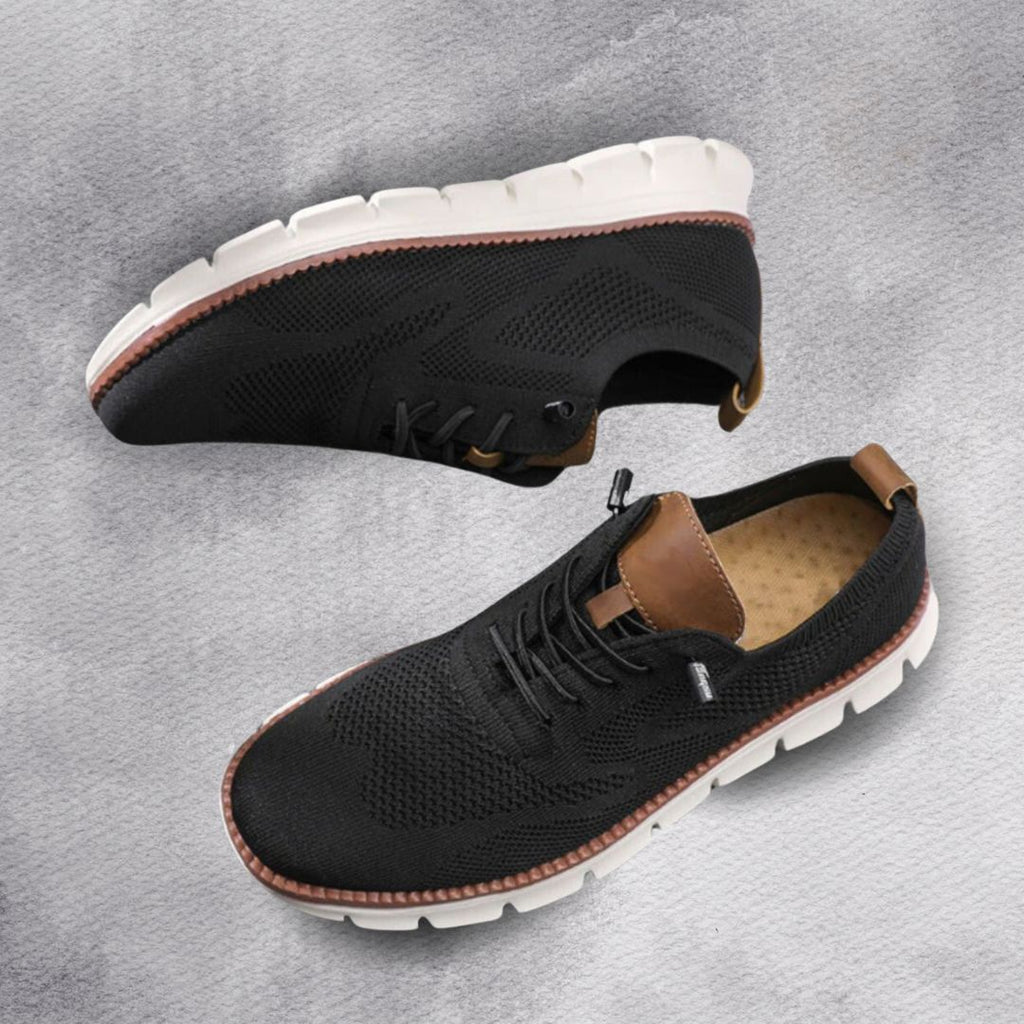 Men's lace-up knit trainers with brown leather trim and chunky white ridged sole - view 8