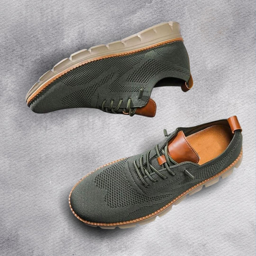 Men's lace-up knit trainers with brown leather trim and chunky white ridged sole - view 9