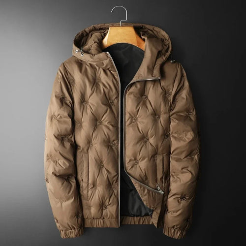 Men's tufted quilted hooded winter jacket with full zip and drawcord hood