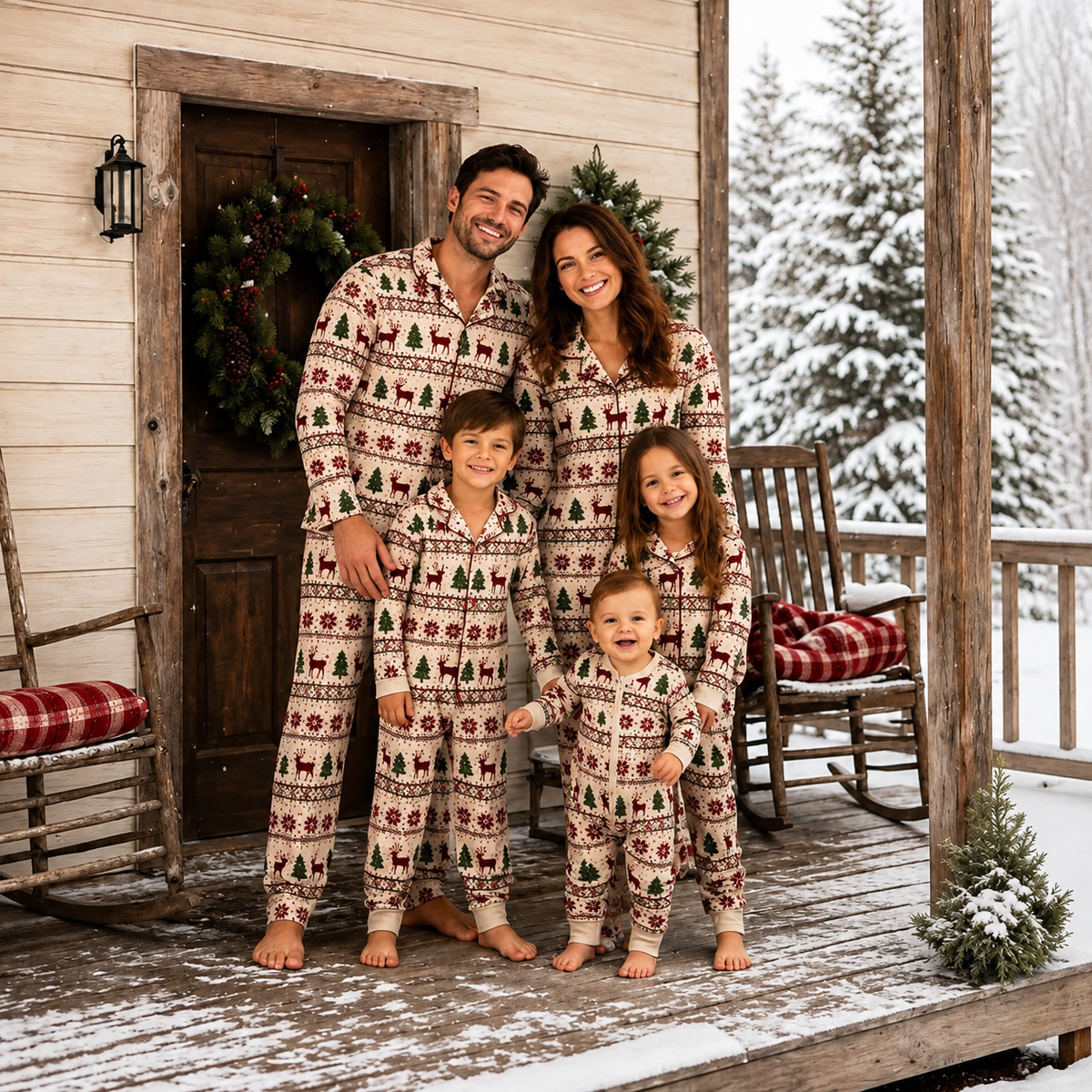 Matching Fair Isle style Christmas pajamas in cream with reindeer print