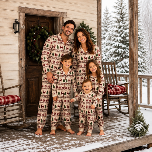 Matching Fair Isle style Christmas pajamas in cream with reindeer print