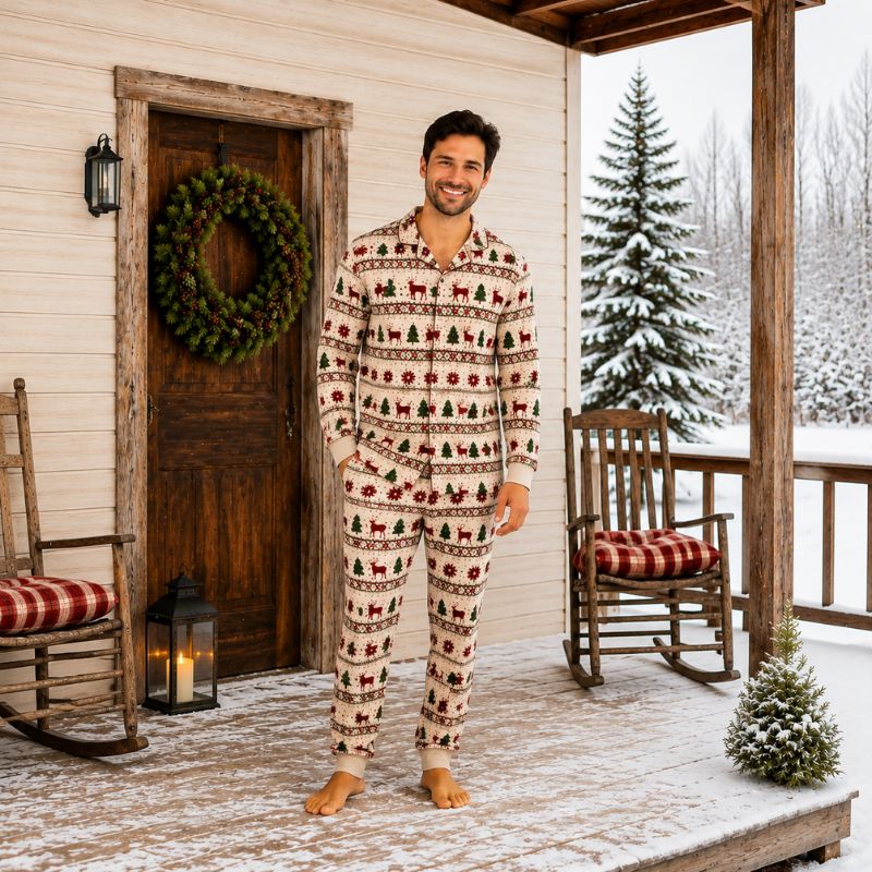 Matching Fair Isle style Christmas pajamas in cream with reindeer print - view 2
