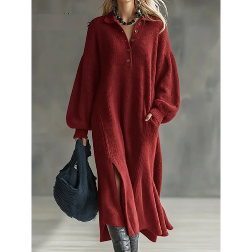 Woman wearing a relaxed ribbed knit jumper dress with polo collar, button placket and balloon sleeves - view 2