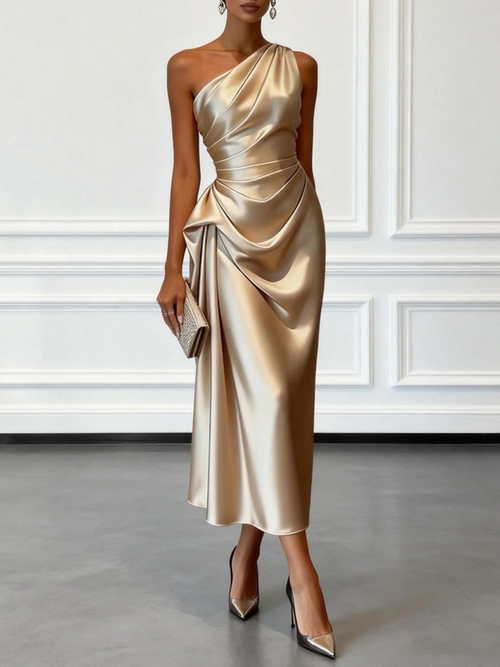 Champagne one shoulder satin midi dress with draped ruched waist