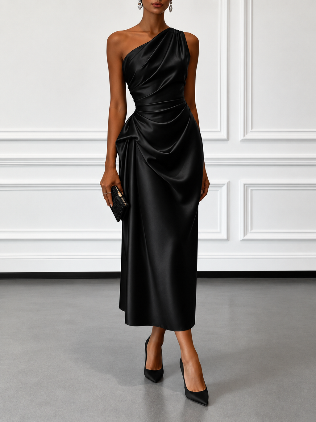 Champagne one shoulder satin midi dress with draped ruched waist - view 10