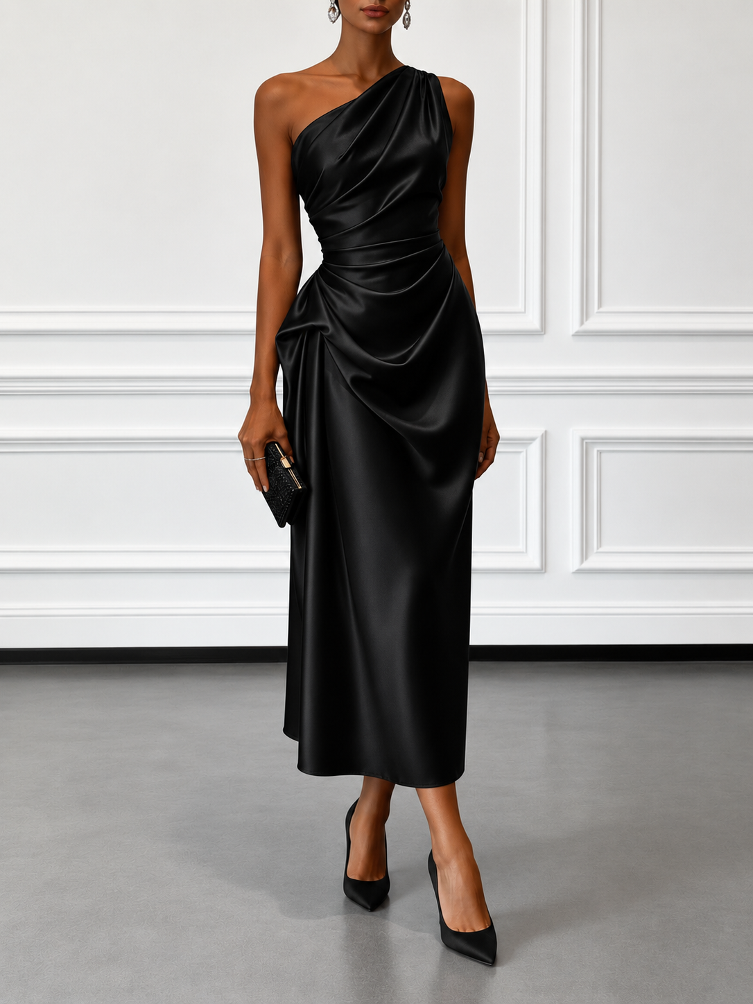 Champagne one shoulder satin midi dress with draped ruched waist - view 10
