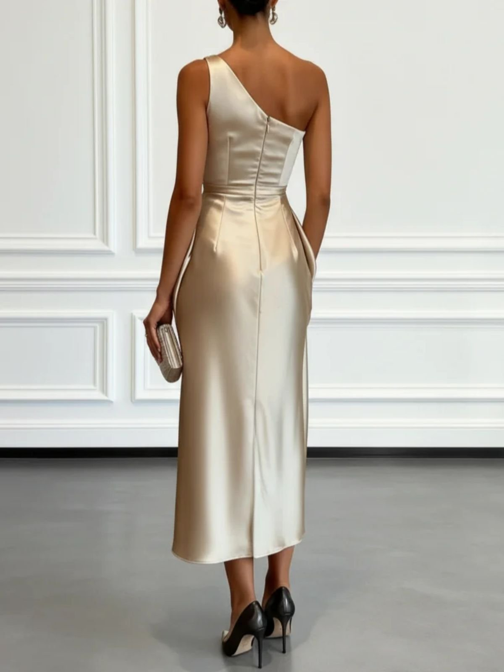 Champagne one shoulder satin midi dress with draped ruched waist - view 2