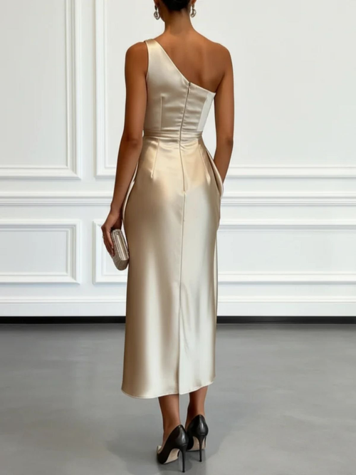 Champagne one shoulder satin midi dress with draped ruched waist - view 2