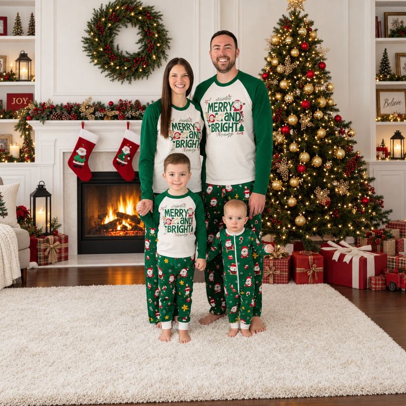 Christmas pajama set with Merry and Bright raglan tee and green Santa print pants worn by family