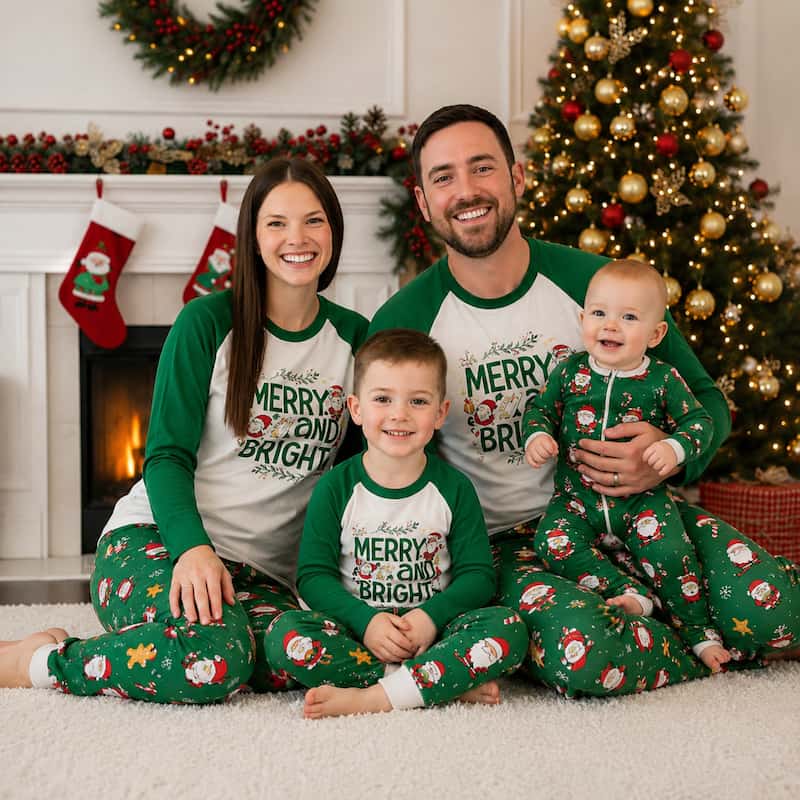 Christmas pajama set with Merry and Bright raglan tee and green Santa print pants worn by family - view 2