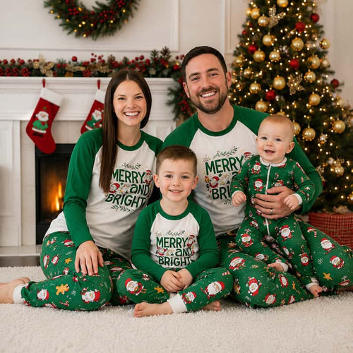 Christmas pajama set with Merry and Bright raglan tee and green Santa print pants worn by family - view 2