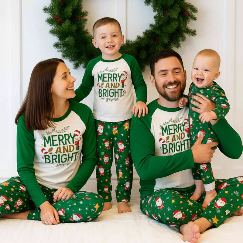 Christmas pajama set with Merry and Bright raglan tee and green Santa print pants worn by family - view 3