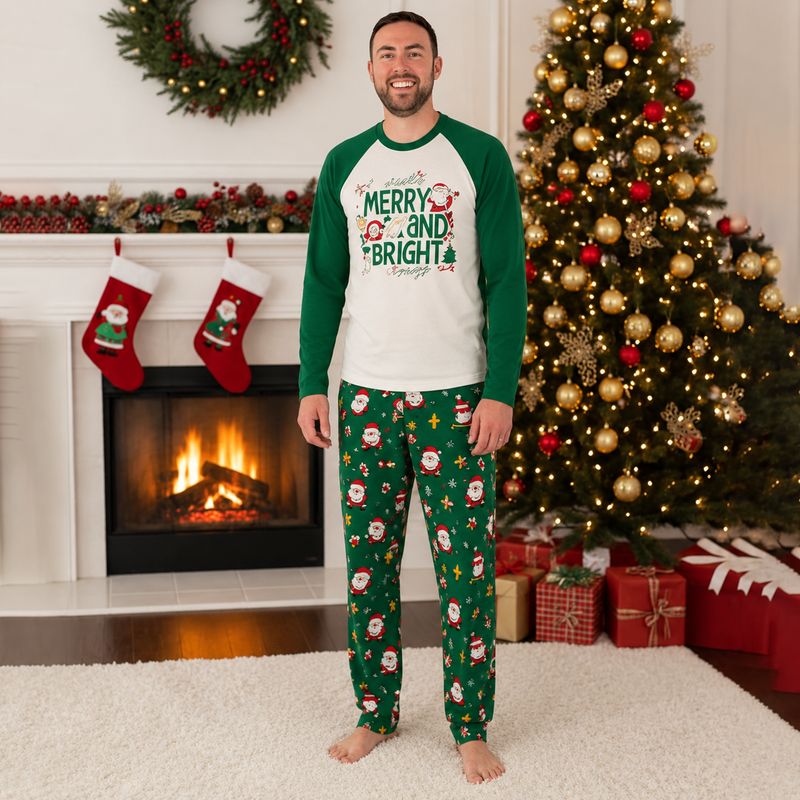 Christmas pajama set with Merry and Bright raglan tee and green Santa print pants worn by family - view 4