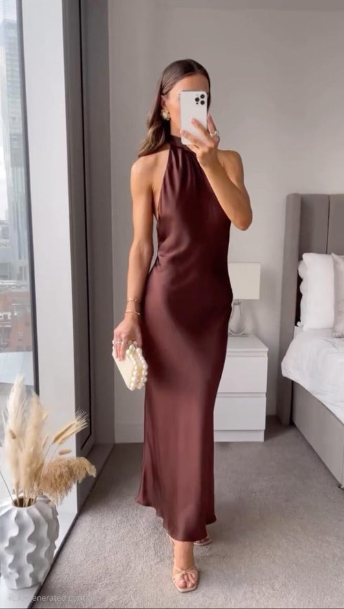 Brown satin halter neck maxi dress with twist-knot tie neck and open back