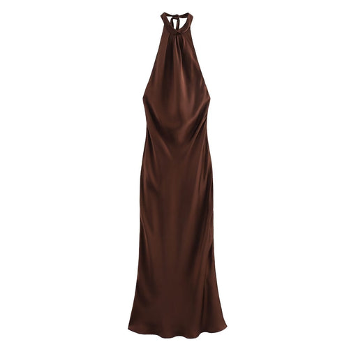 Brown satin halter neck maxi dress with twist-knot tie neck and open back - view 2