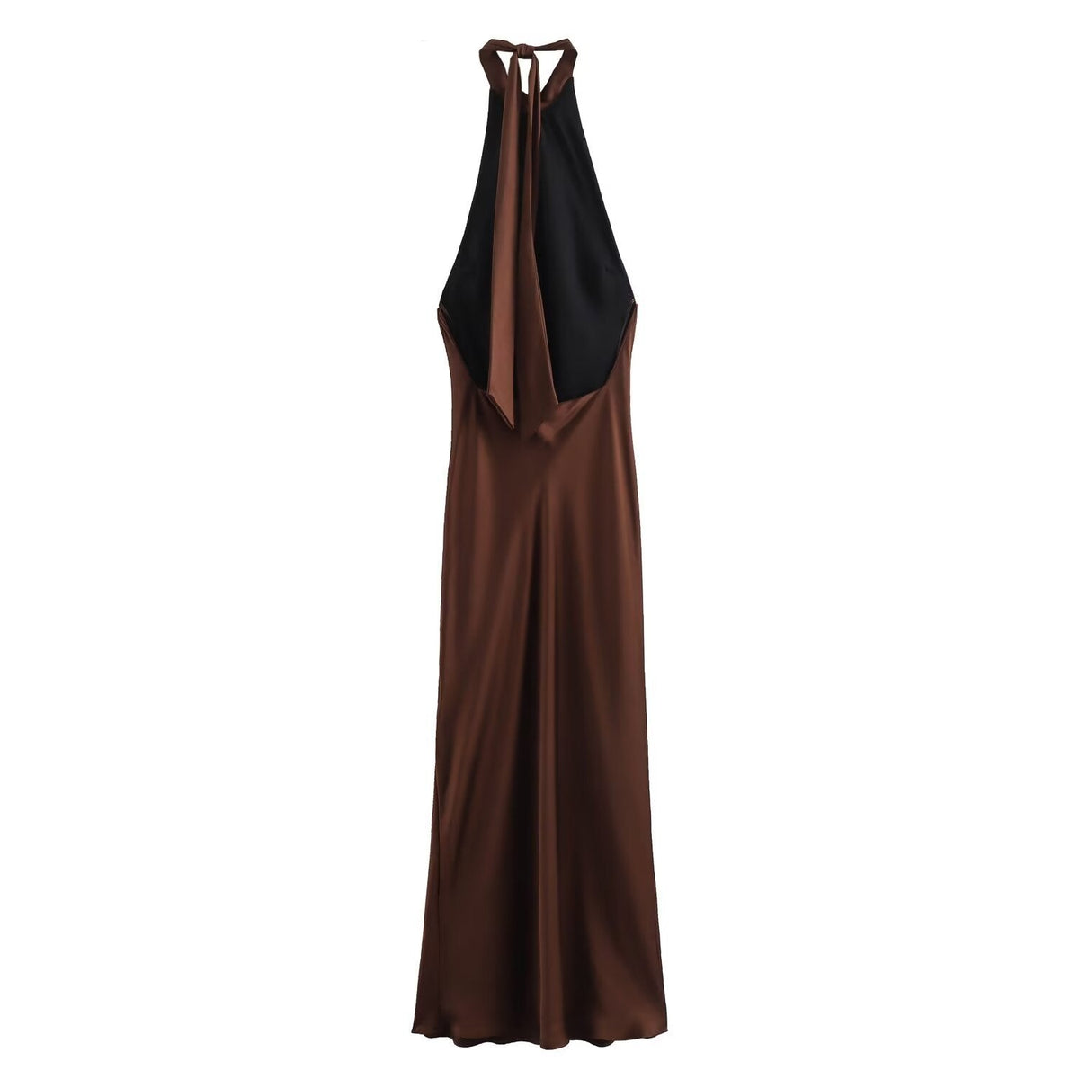 Brown satin halter neck maxi dress with twist-knot tie neck and open back - view 3
