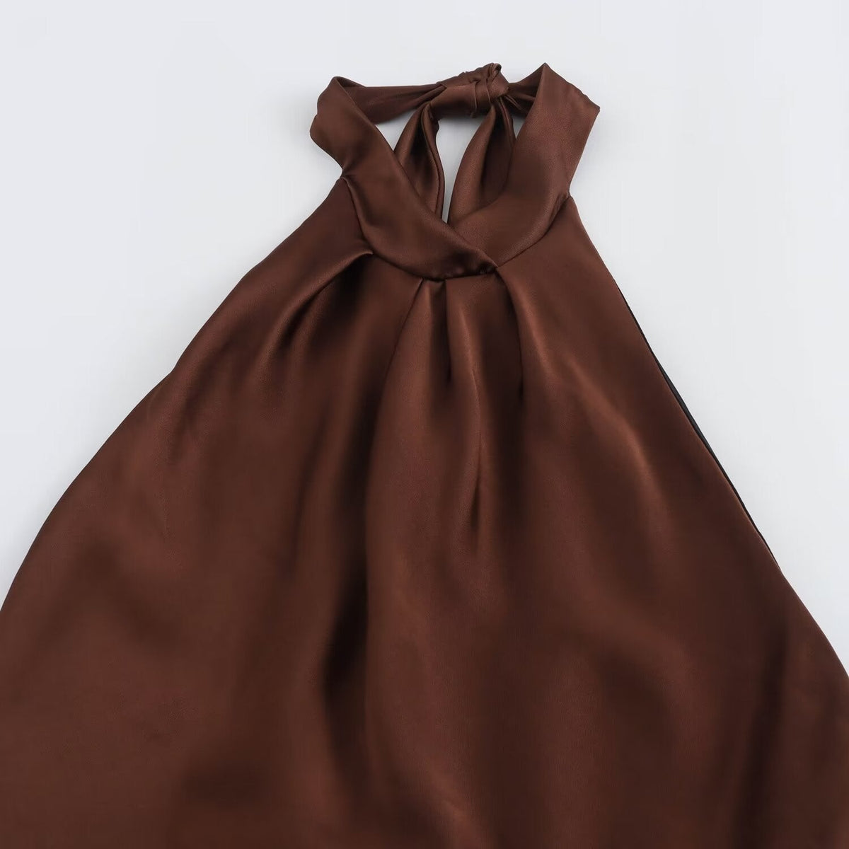 Brown satin halter neck maxi dress with twist-knot tie neck and open back - view 4