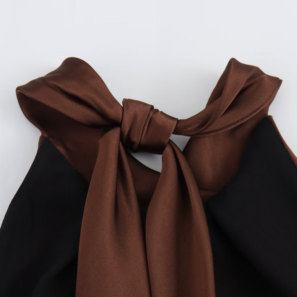 Brown satin halter neck maxi dress with twist-knot tie neck and open back - view 5