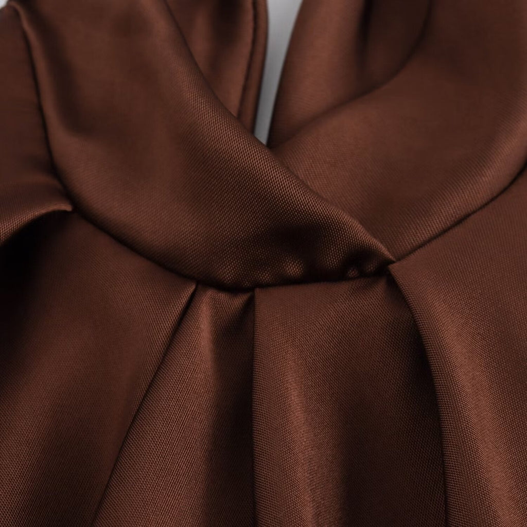 Brown satin halter neck maxi dress with twist-knot tie neck and open back - view 6
