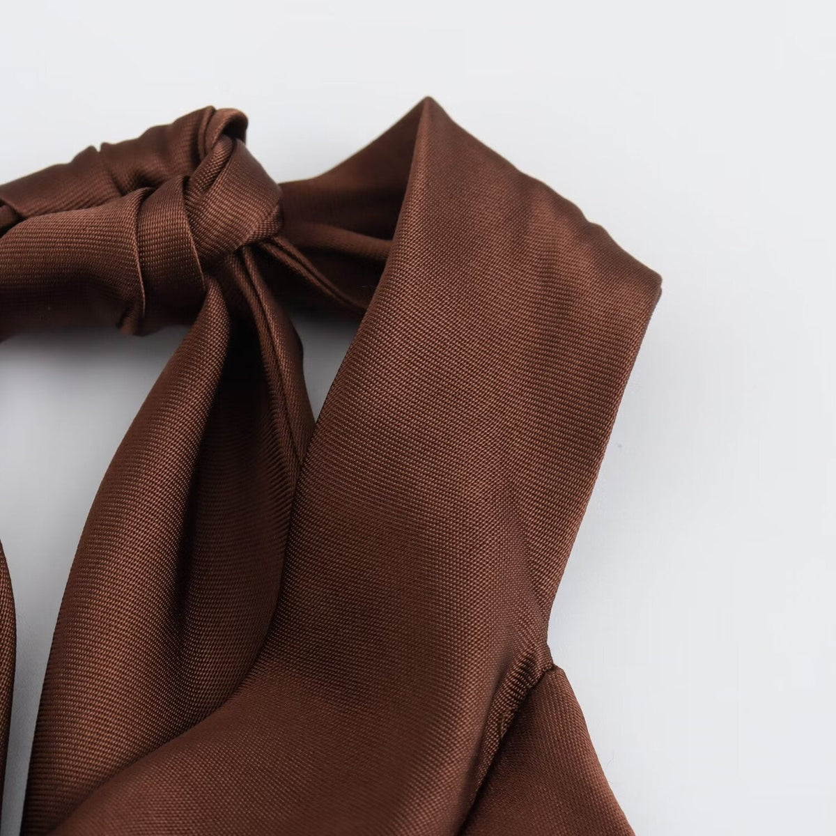 Brown satin halter neck maxi dress with twist-knot tie neck and open back - view 7