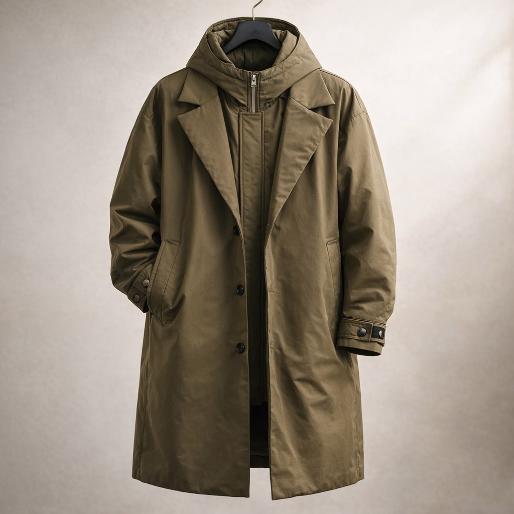 Men's longline layered hooded coat with notch lapels and zip-up inner layer