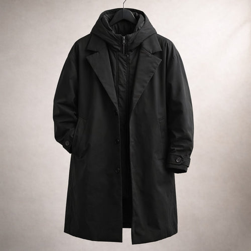 Men's longline layered hooded coat with notch lapels and zip-up inner layer - view 2