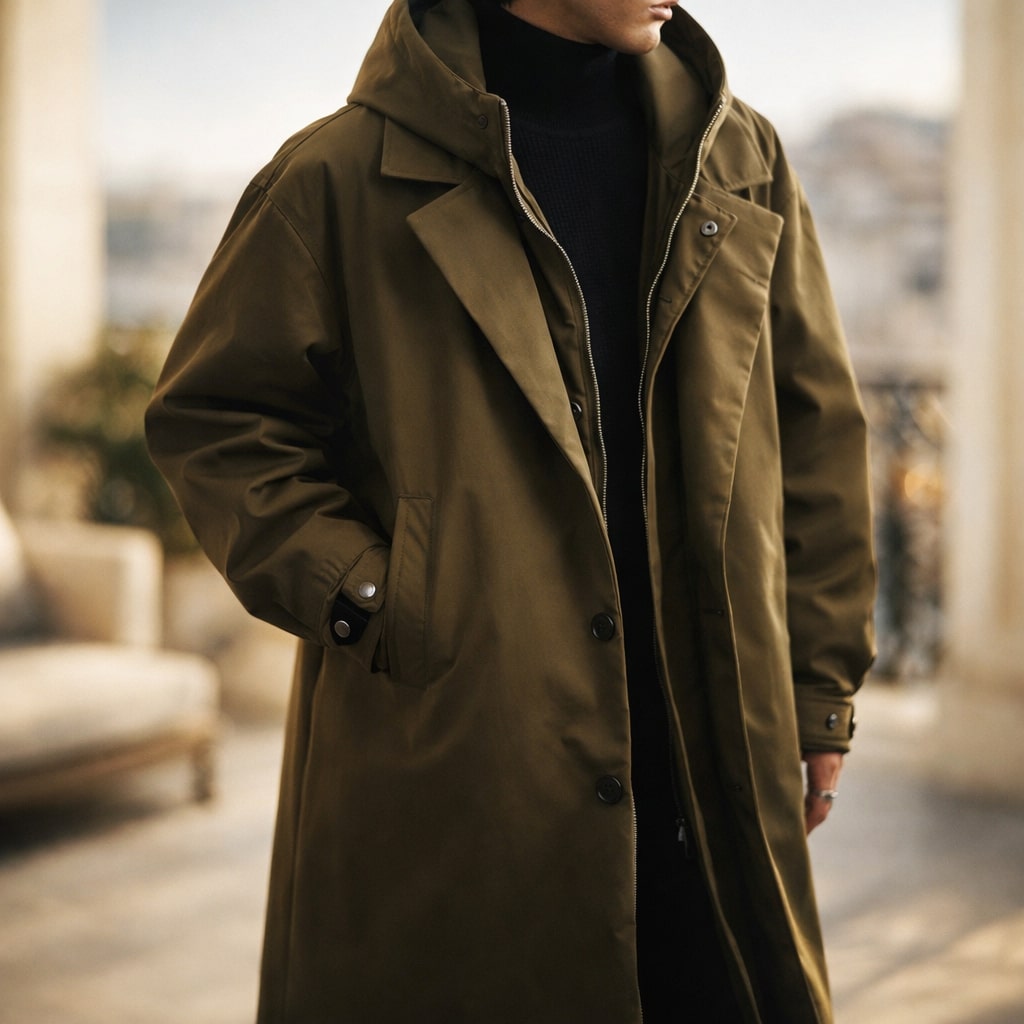 Men's longline layered hooded coat with notch lapels and zip-up inner layer - view 3