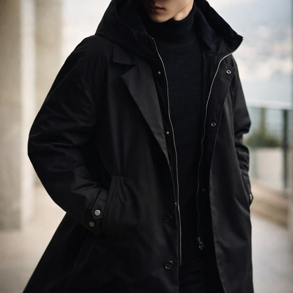 Men's longline layered hooded coat with notch lapels and zip-up inner layer - view 4