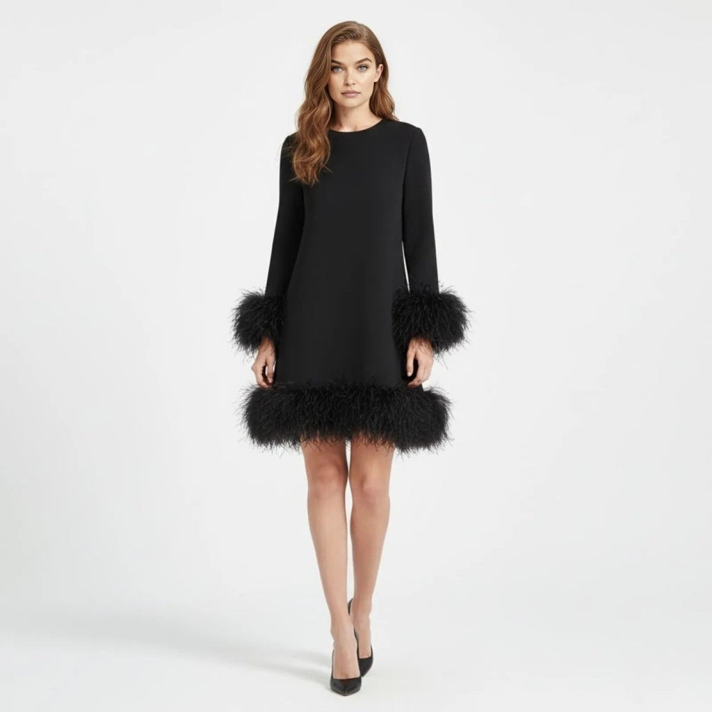 Long sleeve mini shift dress with fluffy faux fur trim at hem and cuffs