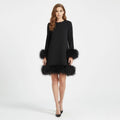 Long sleeve mini shift dress with fluffy faux fur trim at hem and cuffs