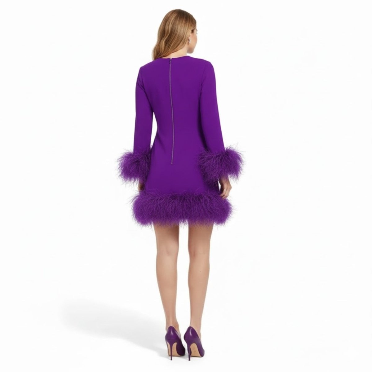 Long sleeve mini shift dress with fluffy faux fur trim at hem and cuffs - view 12