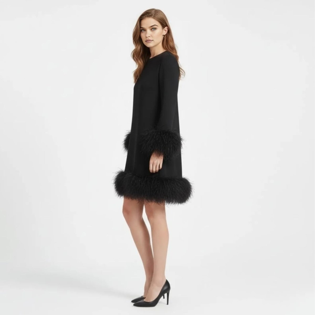 Long sleeve mini shift dress with fluffy faux fur trim at hem and cuffs - view 2