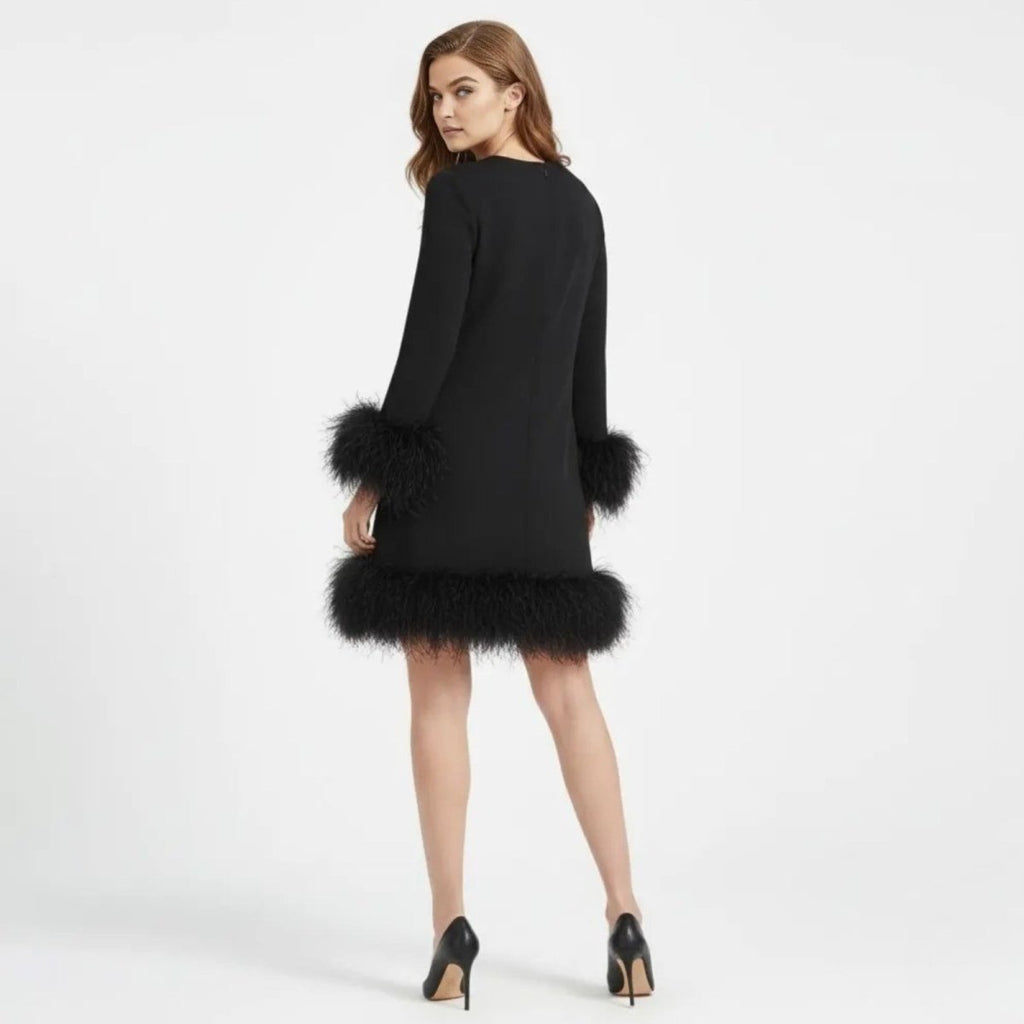 Long sleeve mini shift dress with fluffy faux fur trim at hem and cuffs - view 3