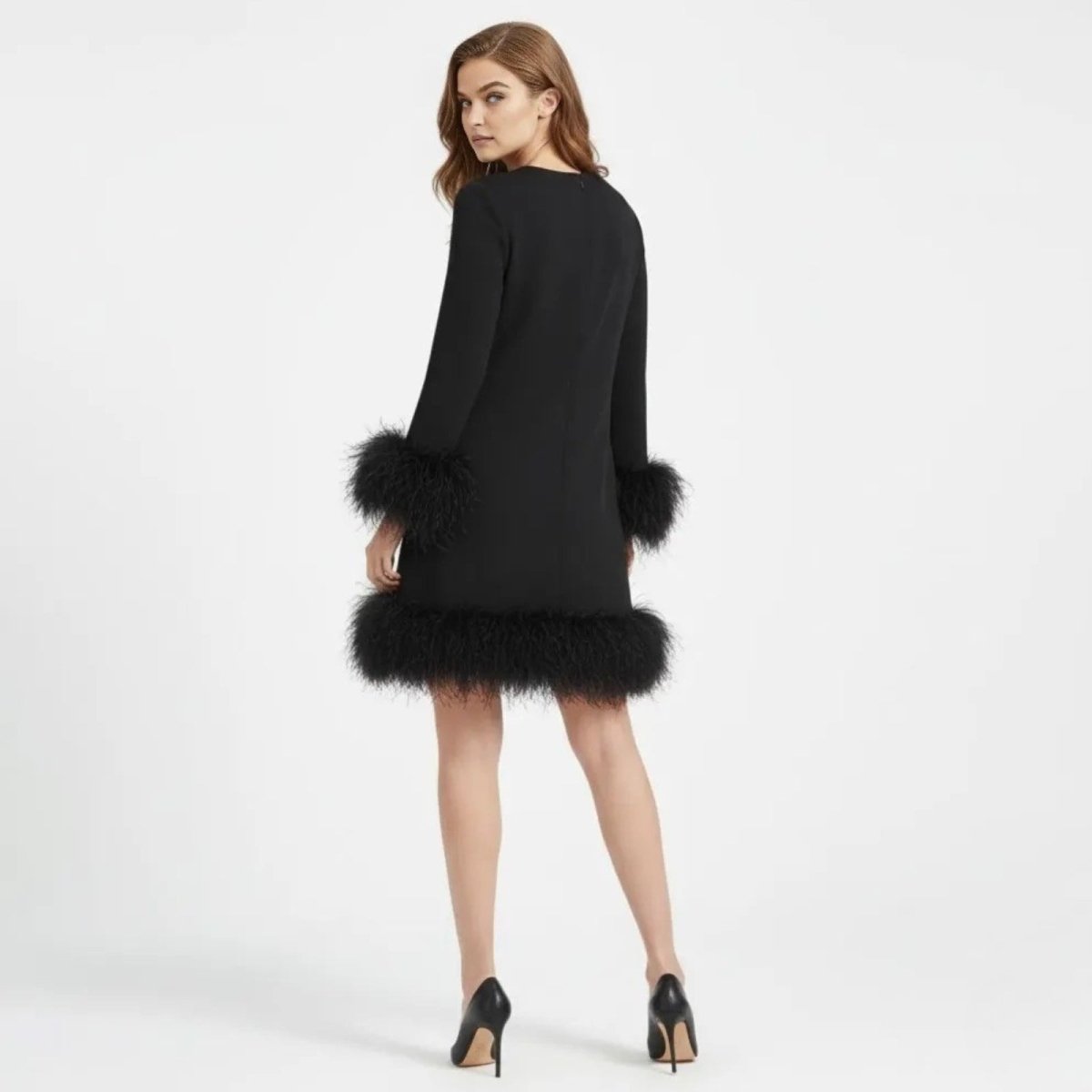 Long sleeve mini shift dress with fluffy faux fur trim at hem and cuffs - view 3