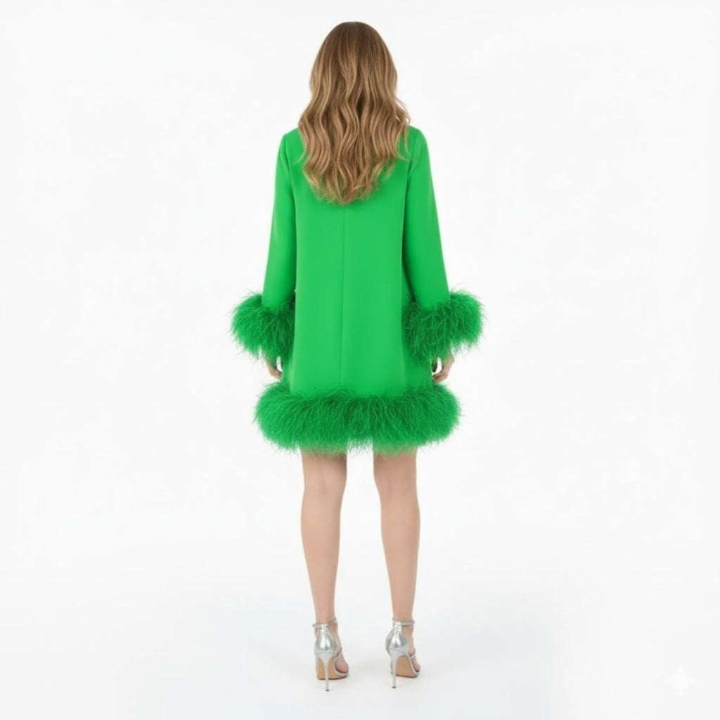 Long sleeve mini shift dress with fluffy faux fur trim at hem and cuffs - view 6