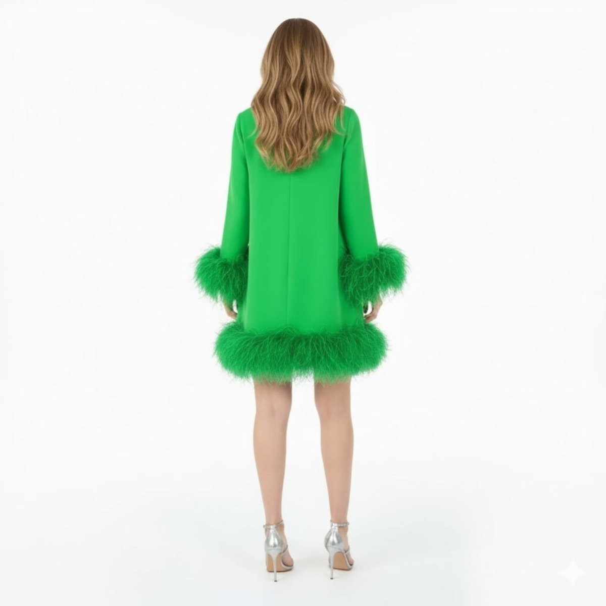Long sleeve mini shift dress with fluffy faux fur trim at hem and cuffs - view 6