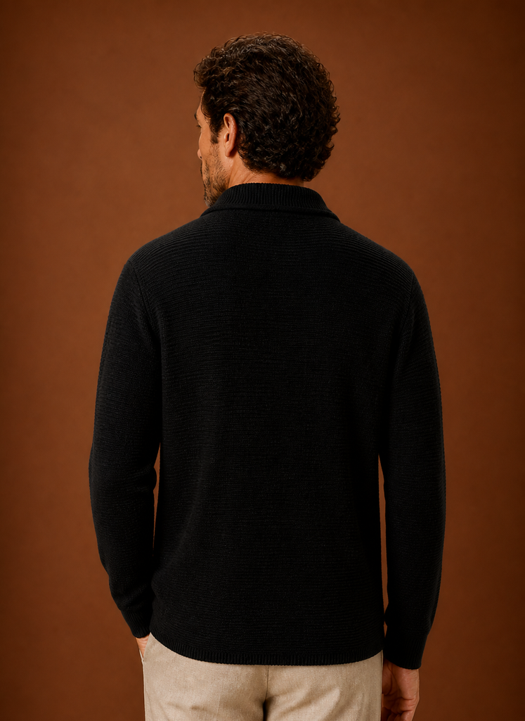 Men's open front knit cardigan, back view